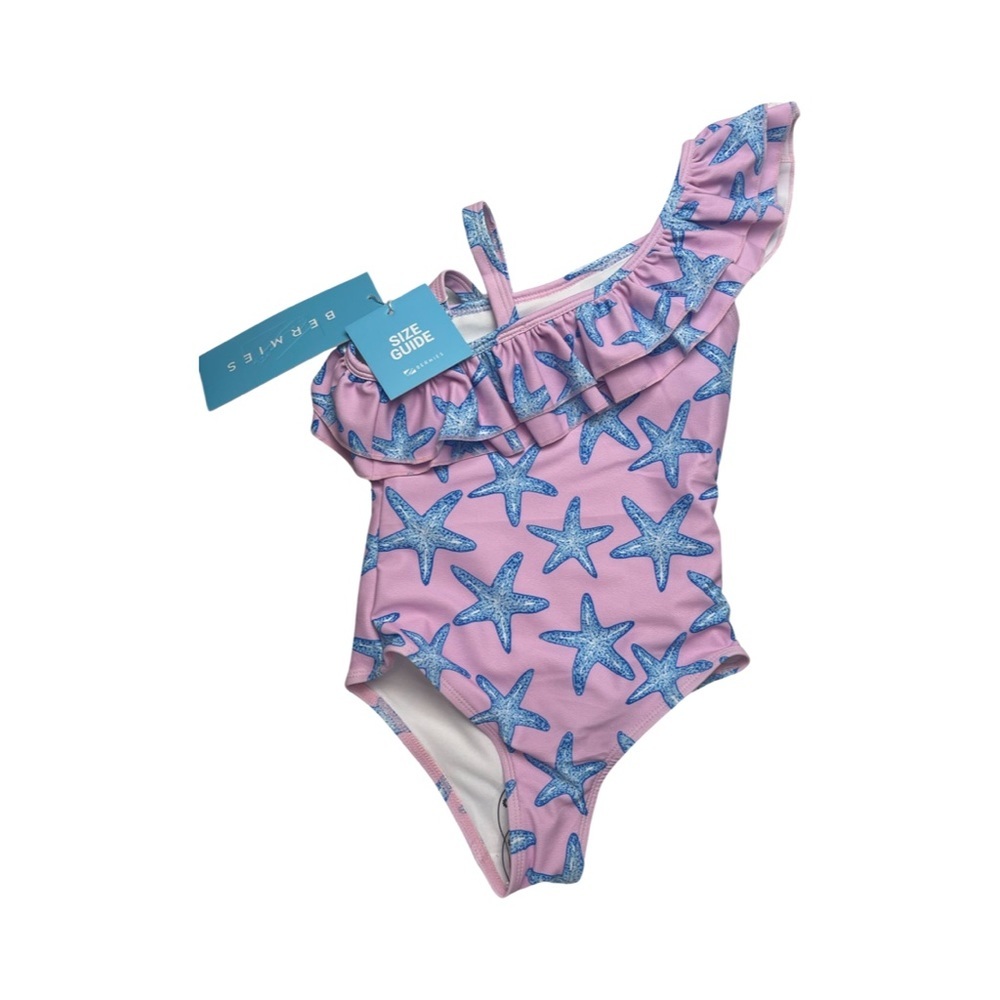 Bermies Pink Blue Starfish Ruffle Shoulder Swimsuit